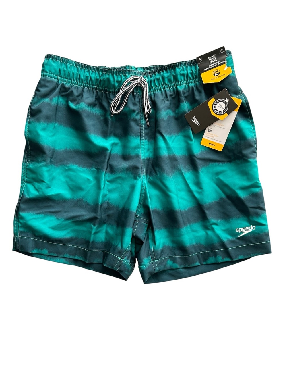 NWT Speedo Green TieDye Drawstring Pockets 4-Way Stretch UPF 50 Outseam 16” Sz M